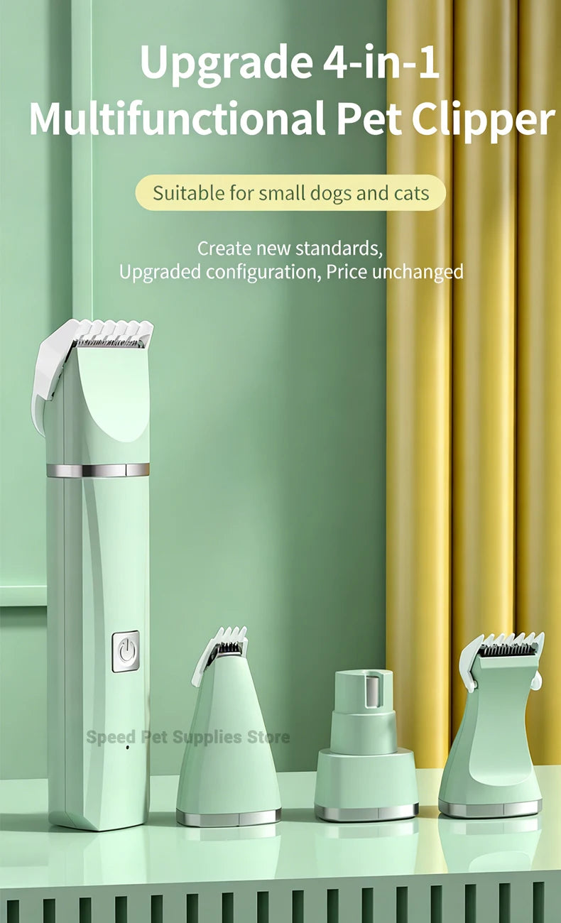 A light green pet clipper and its attachments are displayed on a white surface next to yellow curtains.