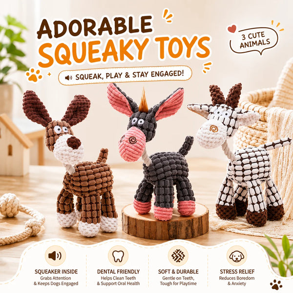 Three adorable squeaky plush dog toys in various colors and textures for interactive play