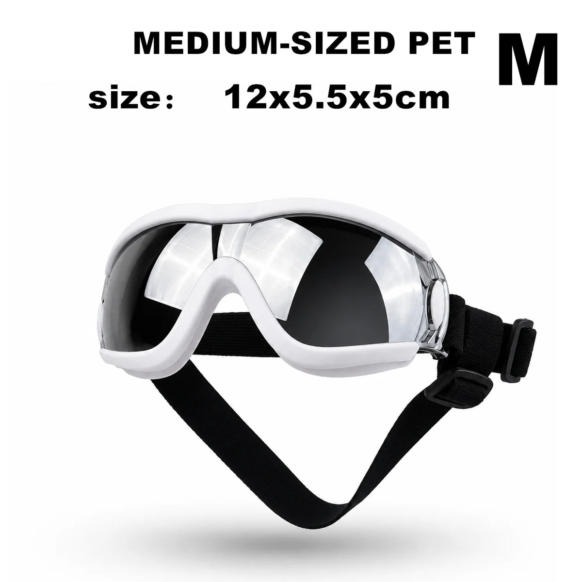Ein Paar mittelgroße weiße und schwarze UV-Schutz-Hundegläser mit schwarzem Riemen.