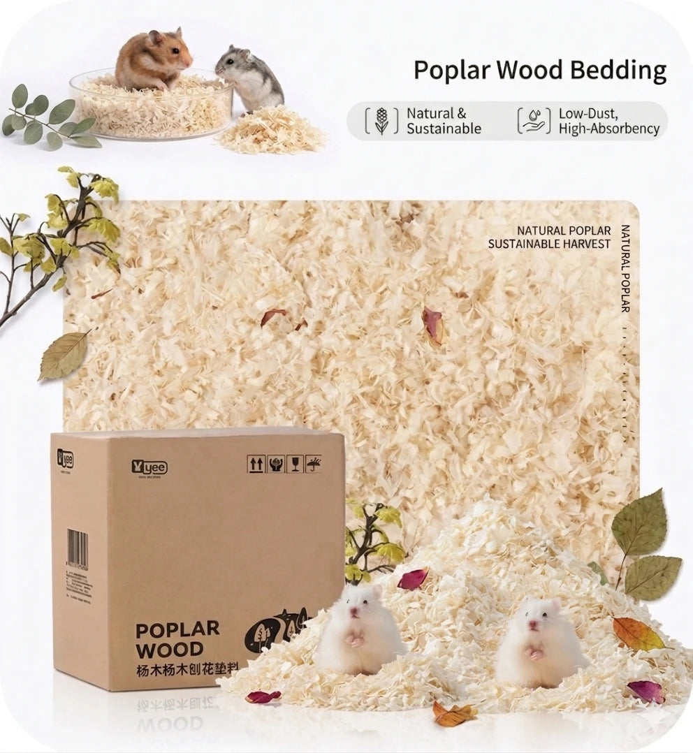 A box and loose bedding of poplar wood for rodent bedding with small animals shown on the product packaging.