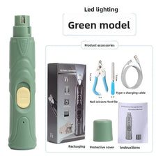 Green model of a rechargeable pet nail grinder with accessories and instructions