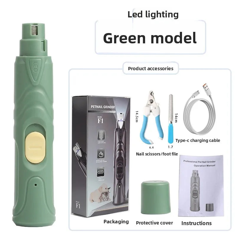 Green model of a rechargeable pet nail grinder with accessories and instructions