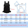 Sac à dos pour animaux noir et respirant avec schémas de mesure pour différentes tailles de chiens.