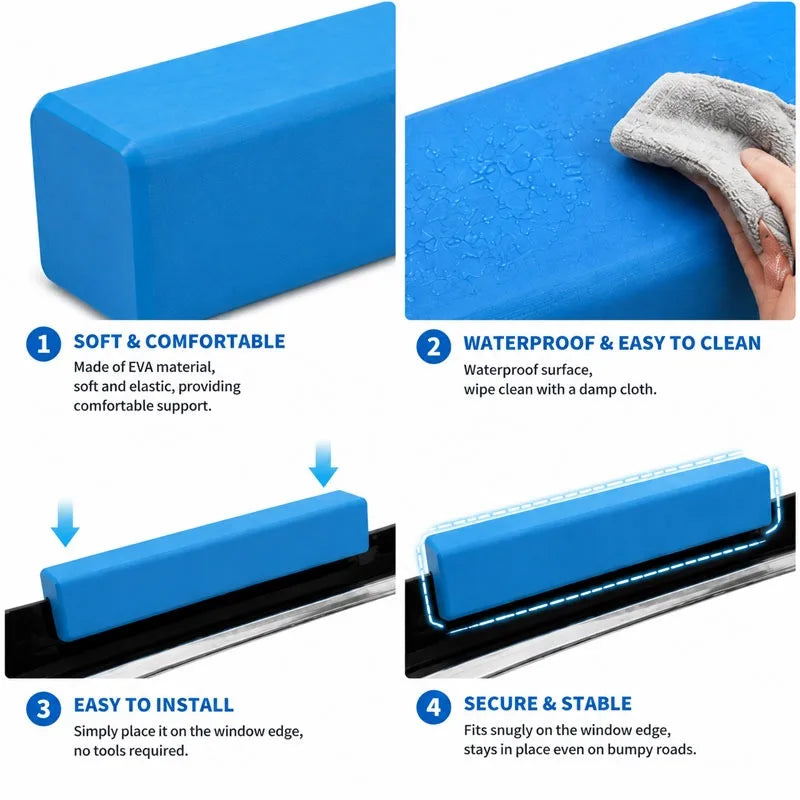 Blue EVA foam dog car window chin rest cushion shown in various views and installation context.