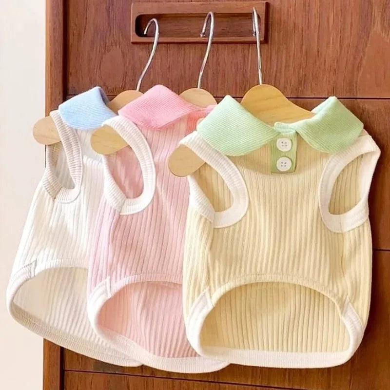 Three pastel knitted dog shirts hanging on a wooden rack for small breeds