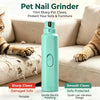 A teal electric pet nail grinder is shown next to a cat, demonstrating its use for trimming pet claws and protecting furnitur