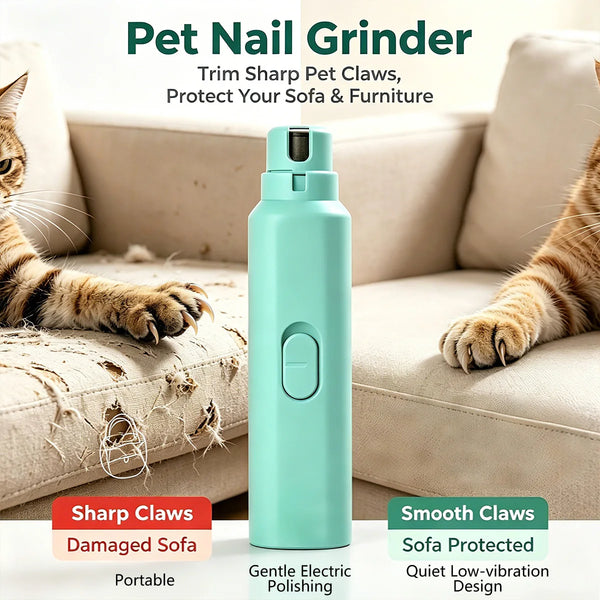 A teal electric pet nail grinder is shown next to a cat, demonstrating its use for trimming pet claws and protecting furnitur