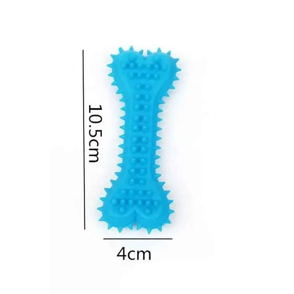A bright blue pet bone shaped dog chew toy with a serrated edge, shown against a white background.
