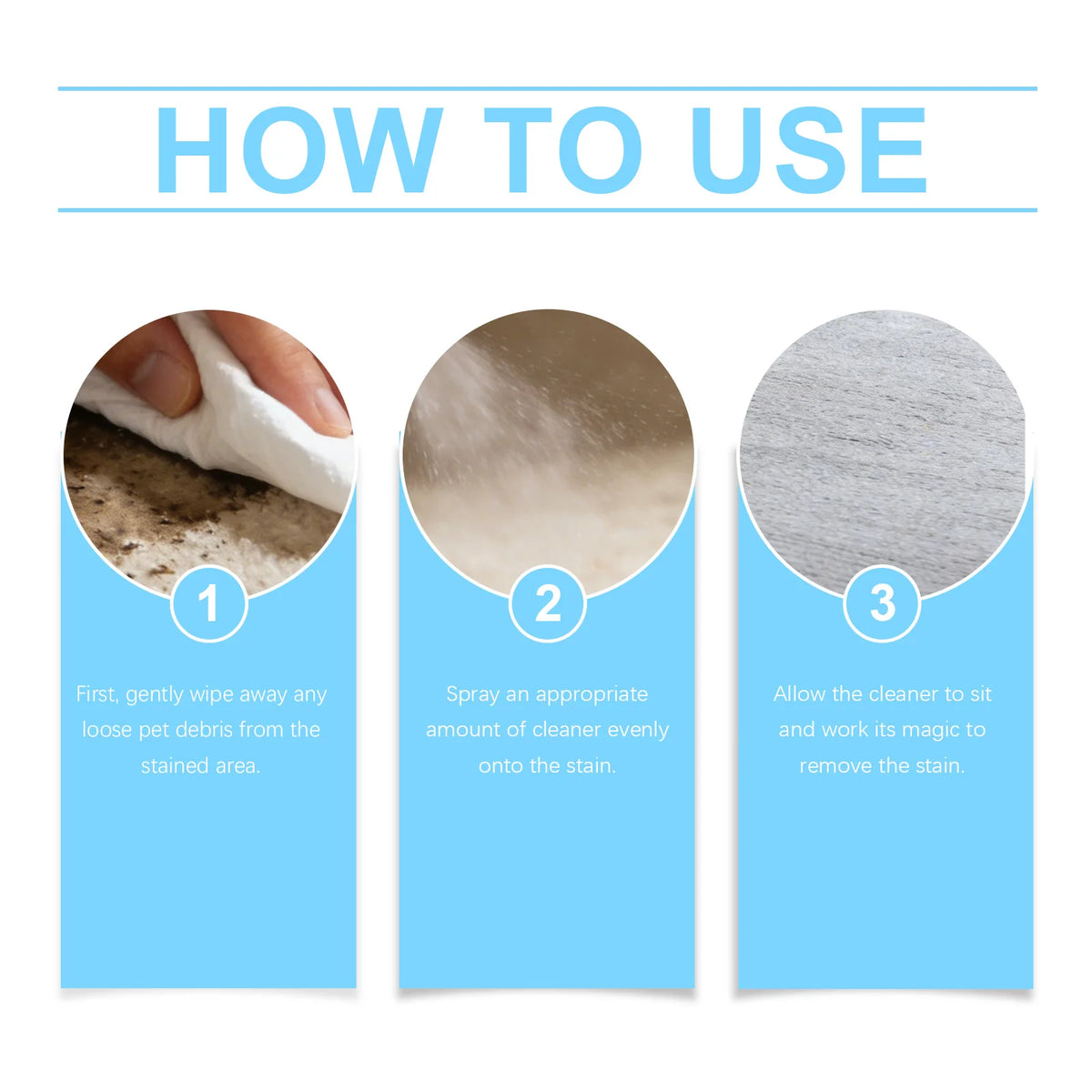 Three steps for using a pet stain and odor remover spray showing wiping, spraying, and allowing the cleaner to work.