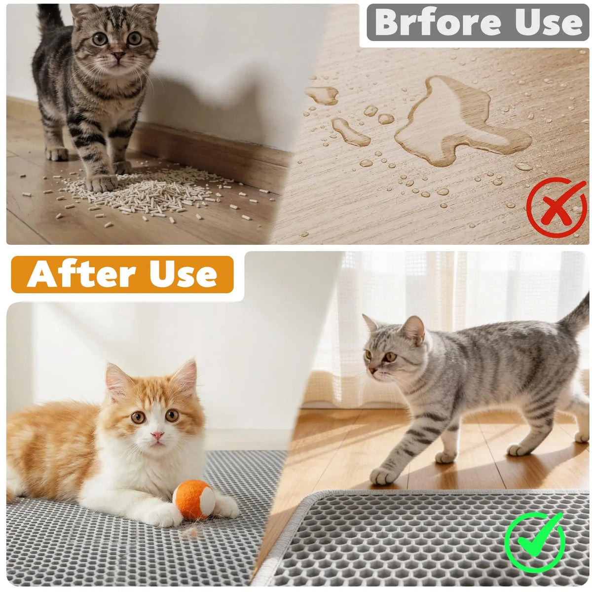 Graue Streifkatze benutzt eine Katzentoilette, Vorher-Nachher-Demonstration.