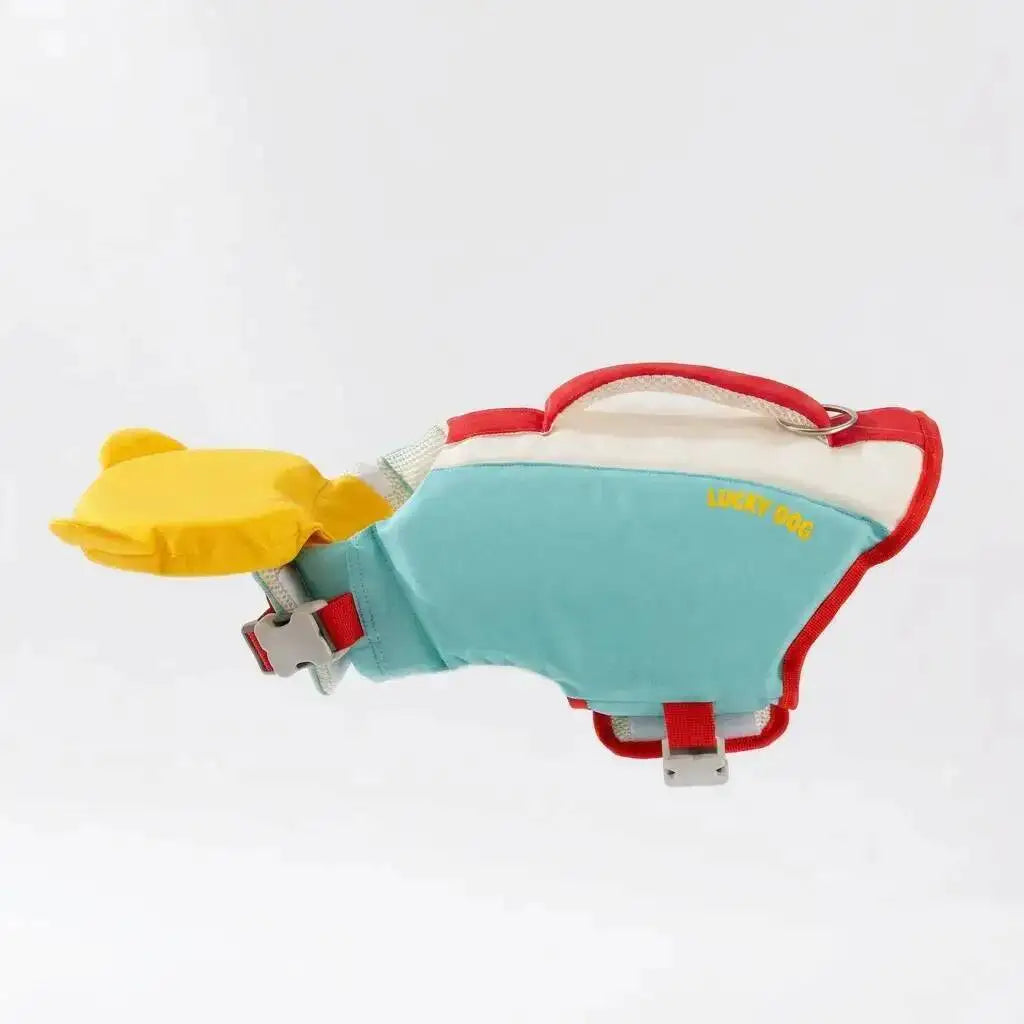 A bright yellow and light blue adjustable dog life jacket for swimming safety.