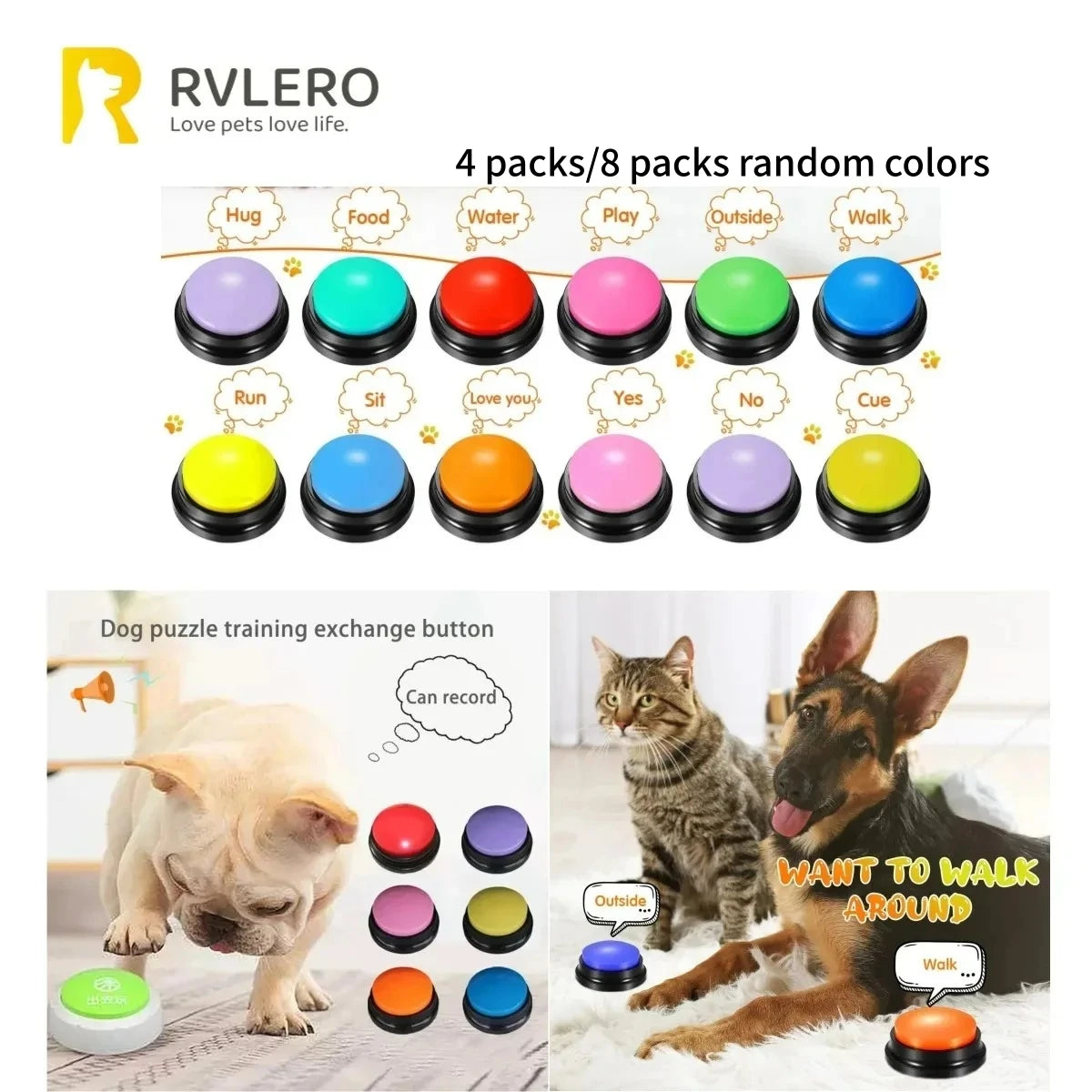A set of dog and cat training buttons in various colors for pet training.