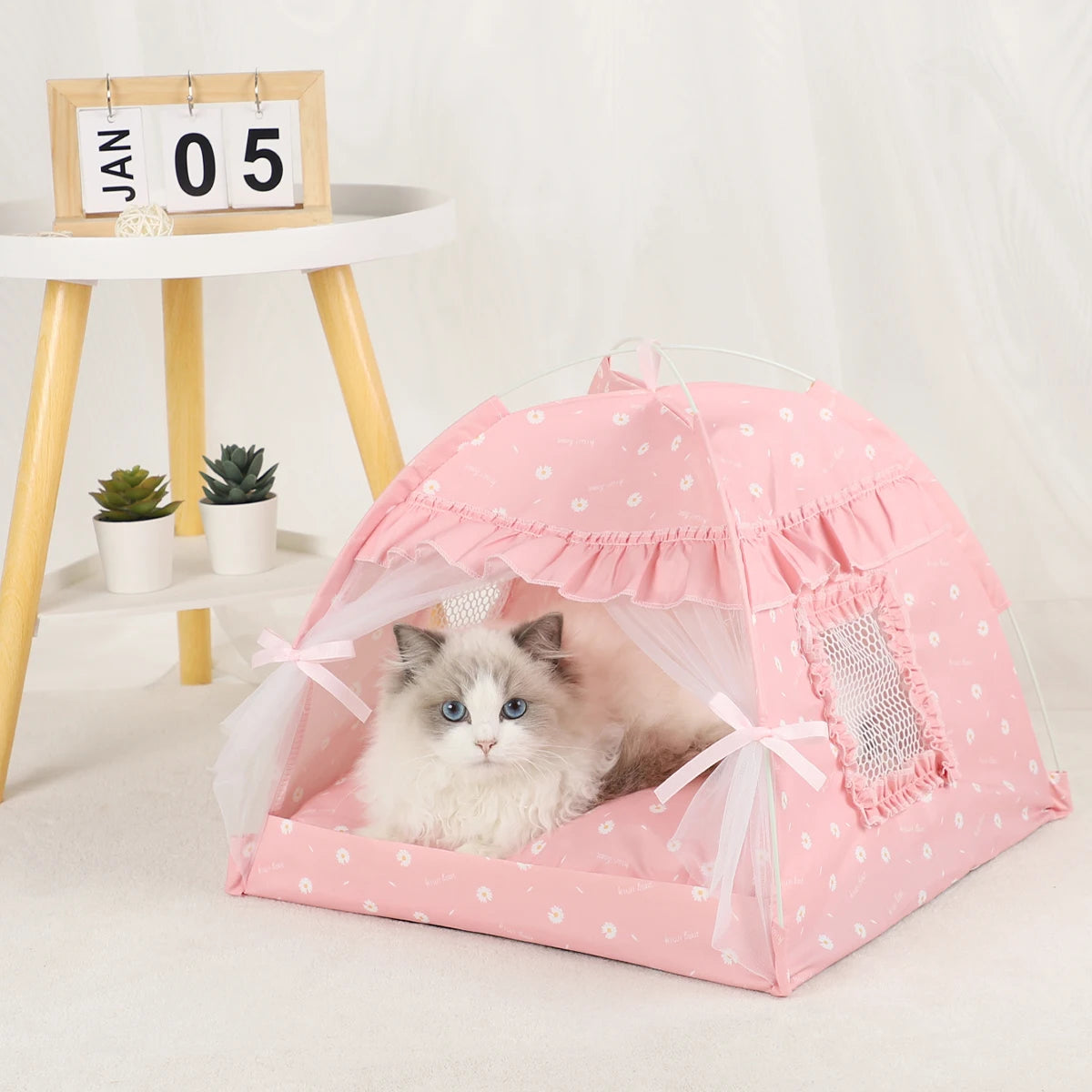 A pink cozy pet tent bed for cats with a mesh enclosure and a fluffy gray kitten inside.