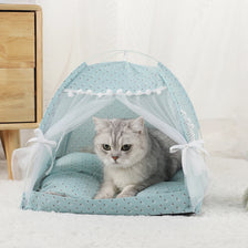 A gray cat is resting inside a light blue fabric pet tent bed with sheer white netting.