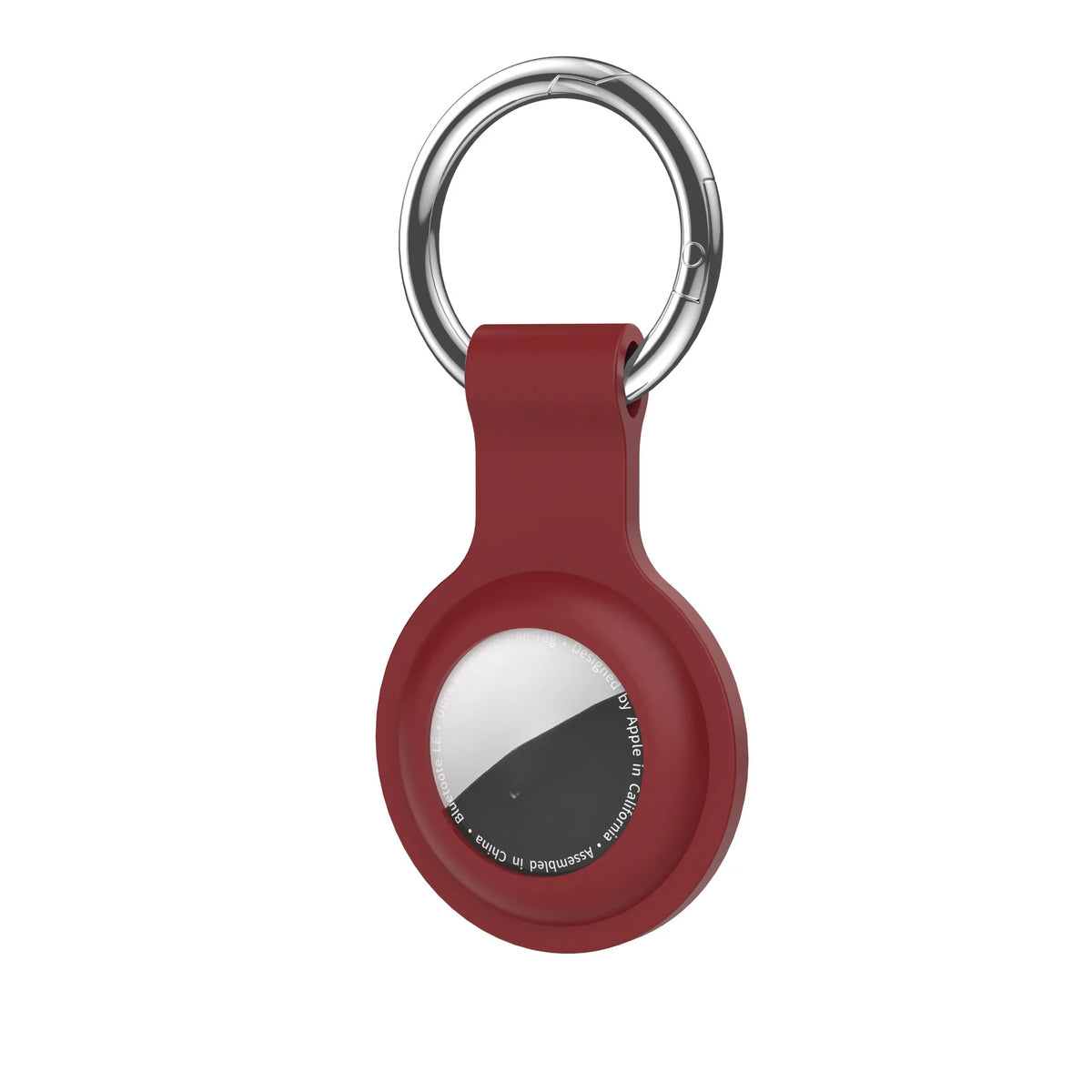 A red silicone protective cover for an AirTag attached to a metal keychain ring.