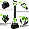 A black and lime green portable foldable dog poop scooper with an ergonomic handle and serrated edges.
