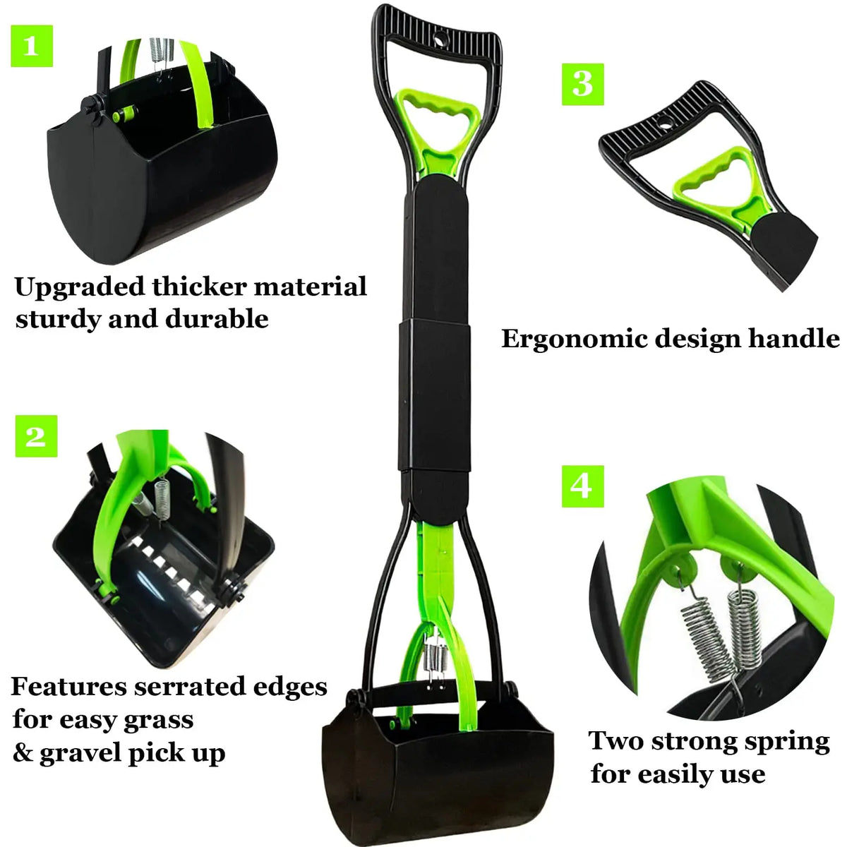 A black and lime green portable foldable dog poop scooper with an ergonomic handle and serrated edges.