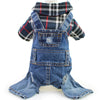 A plaid denim jumpsuit for a small dog, featuring a checkered collar and patch pockets.