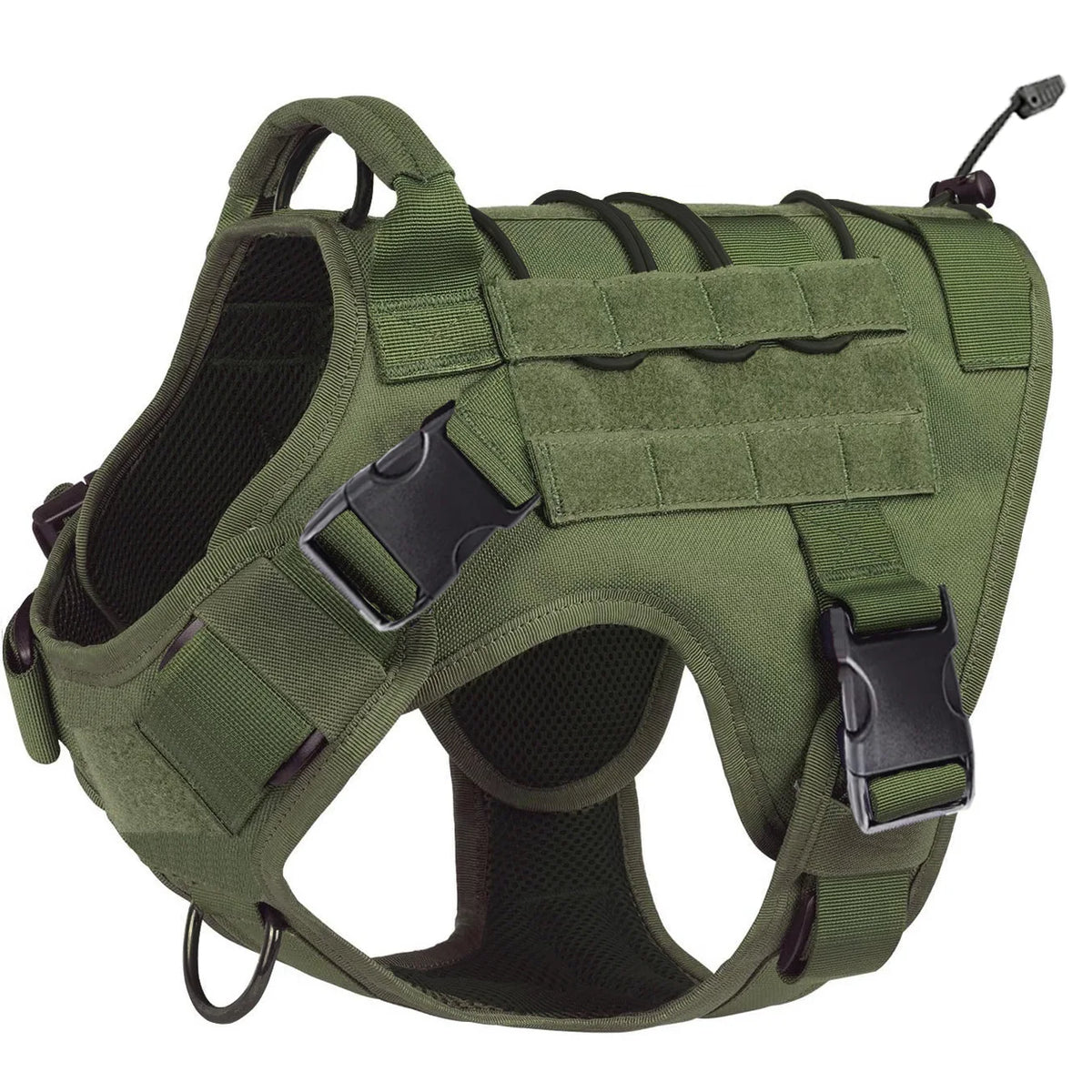 Olive green tactical dog harness with handle and hook and loop panels