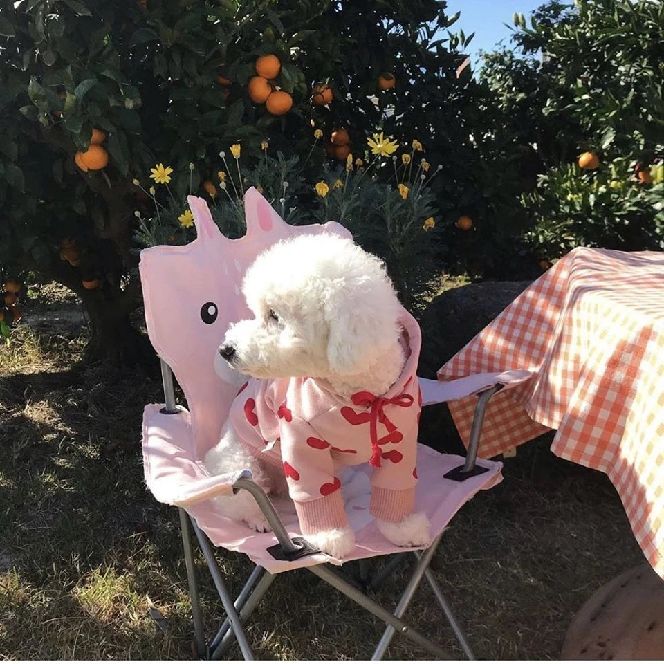 Un perro blanco esponjoso vistiendo una sudadera de osito con estampado de corazón rosa, sentado en una silla de metal al air