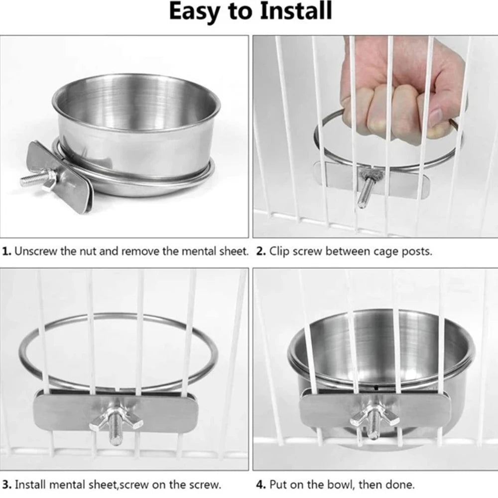 Instructions showing how to install a stainless steel clamp-on pet feeding bowl for bird cages.