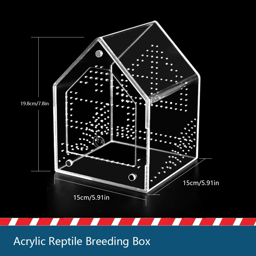 Caja de acuario de acrílico transparente para cría de reptiles con techo inclinado y rejilla interior