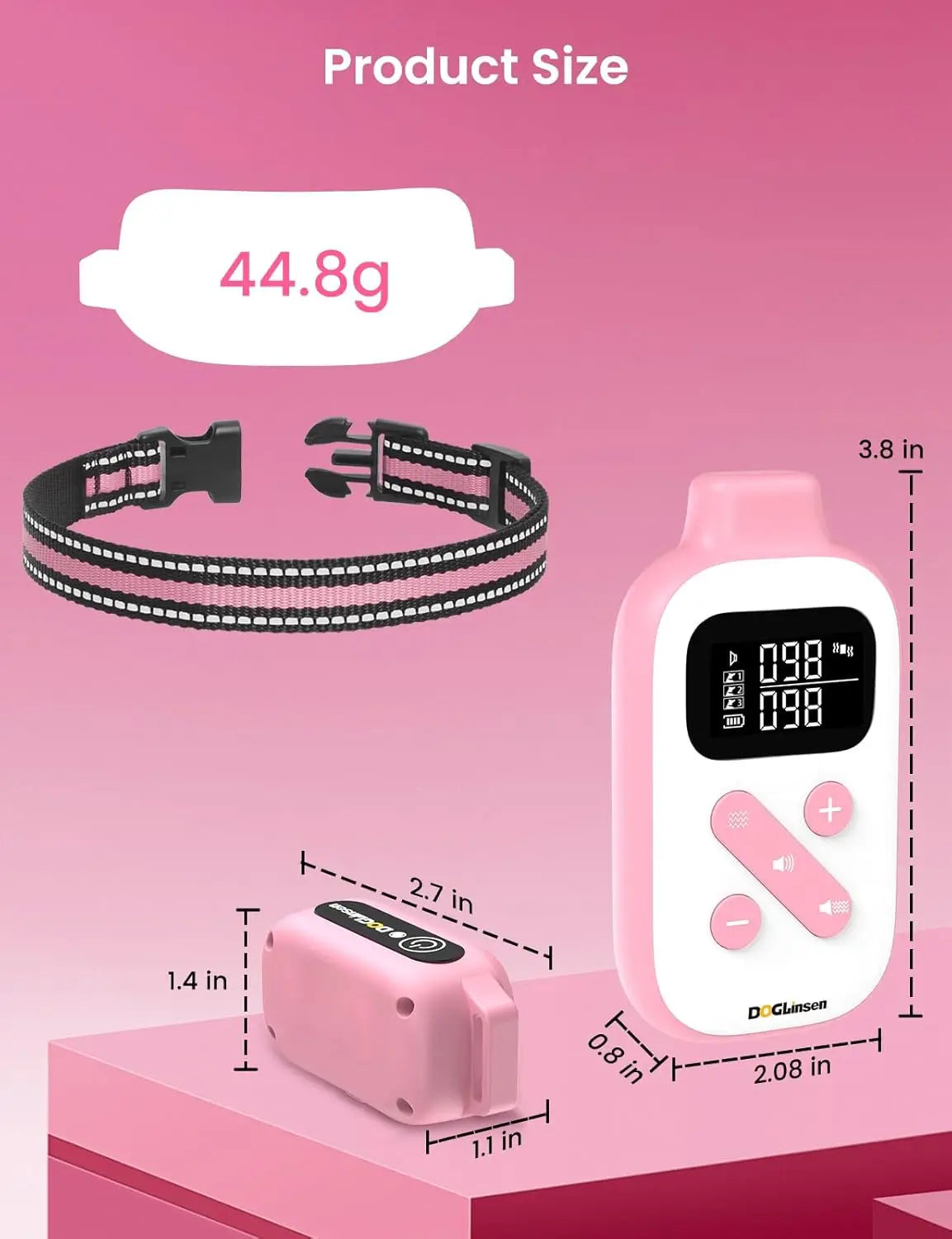 A pink dog training collar with a remote, showing its size and features.
