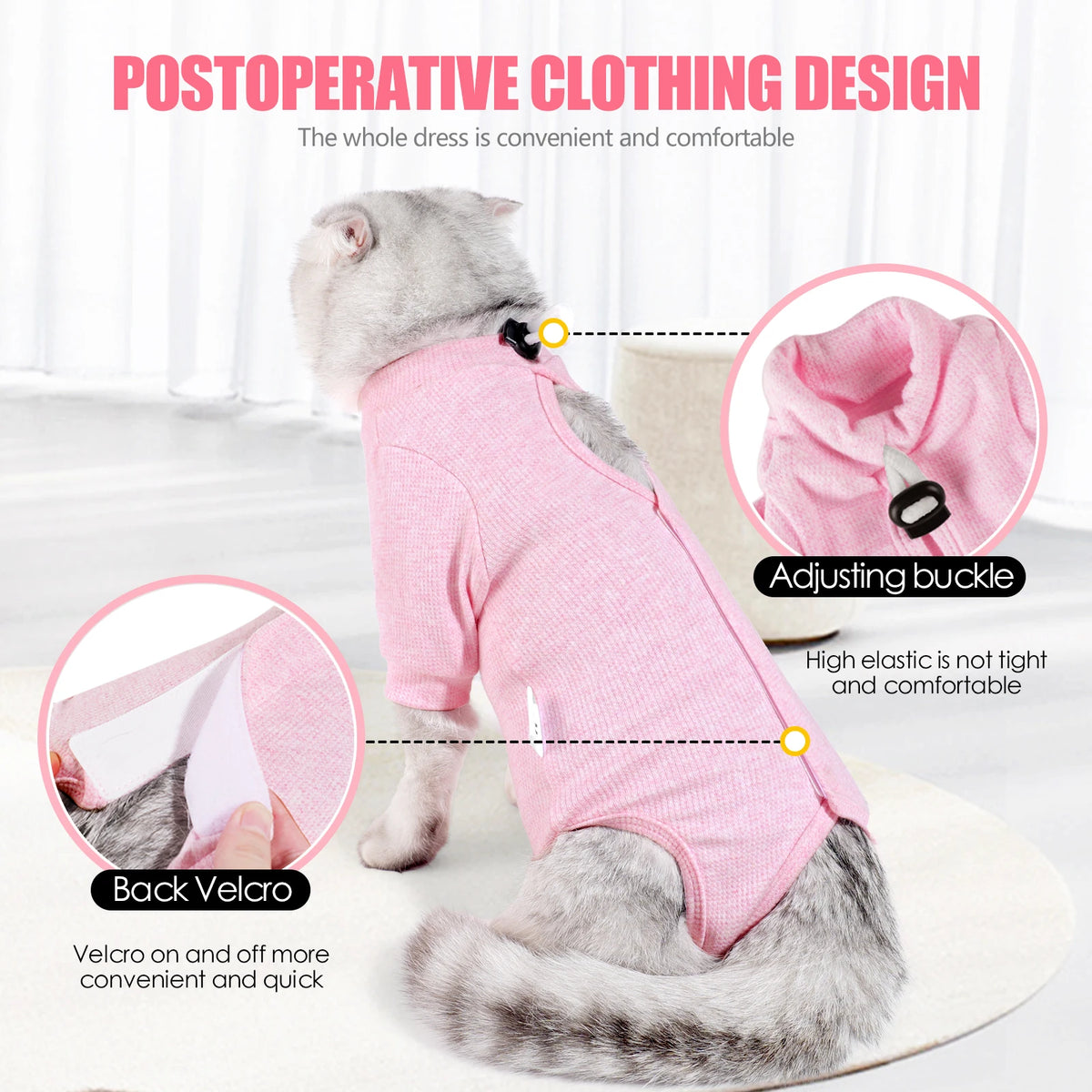 Pink postoperative clothing design vest for a cat showing adjusting buckle and velcro details