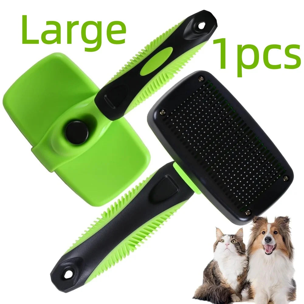 A set of green and black multi-functional pet grooming combs and scratchers for animals.