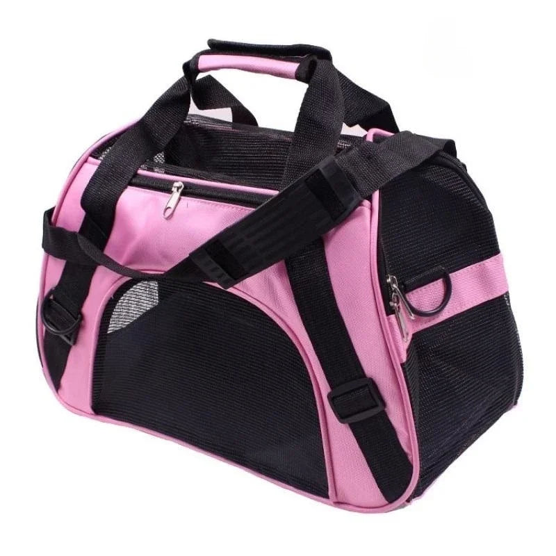 Pink and black breathable mesh pet carrier bag for cats and small dogs