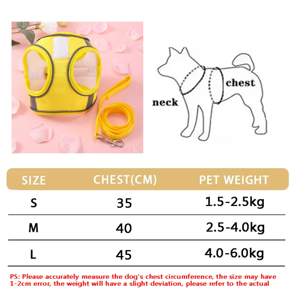 Yellow butterfly pet harness set for dogs and cats with size chart and diagram