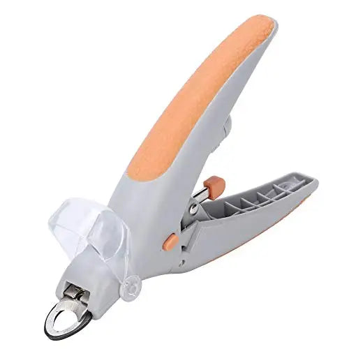A pair of gray pet nail clippers with orange handles and a clear protective guard.