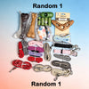 A collection of pet grooming tools including a detangler comb, brush, and various rubber and silicone grooming accessories.