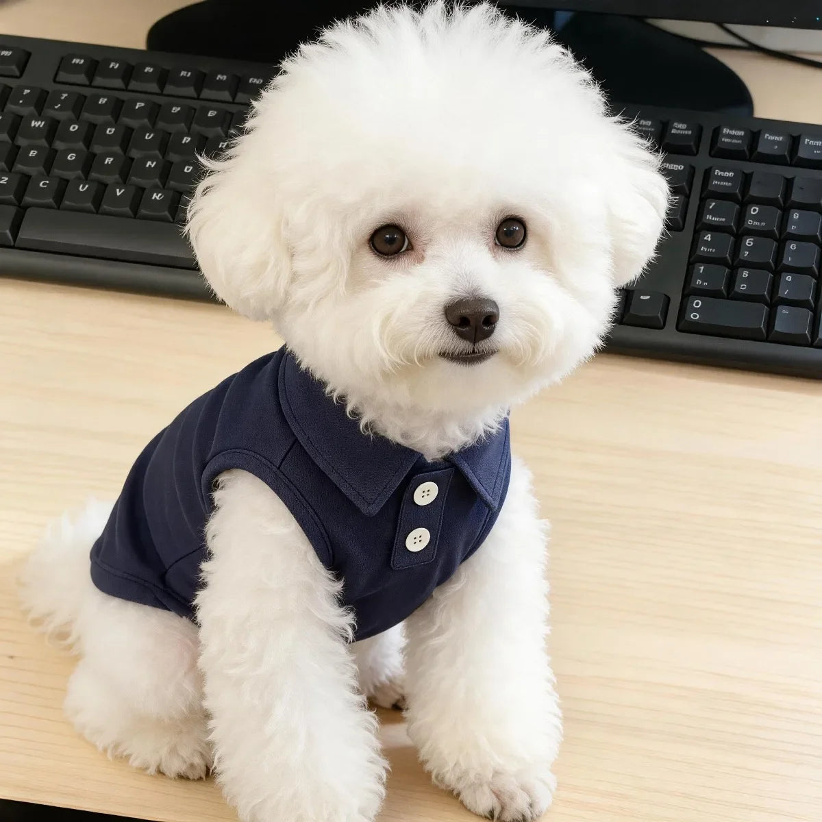 A fluffy white dog wearing a navy blue sleeveless vest with cartoon embroidery, sitting on a wooden desk.
