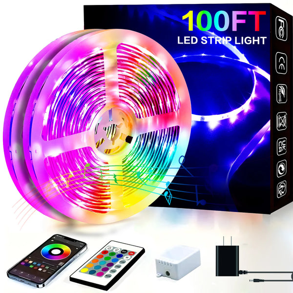 A circular 100FT LED strip light is shown with an accompanying app controller, remote, and power supply.