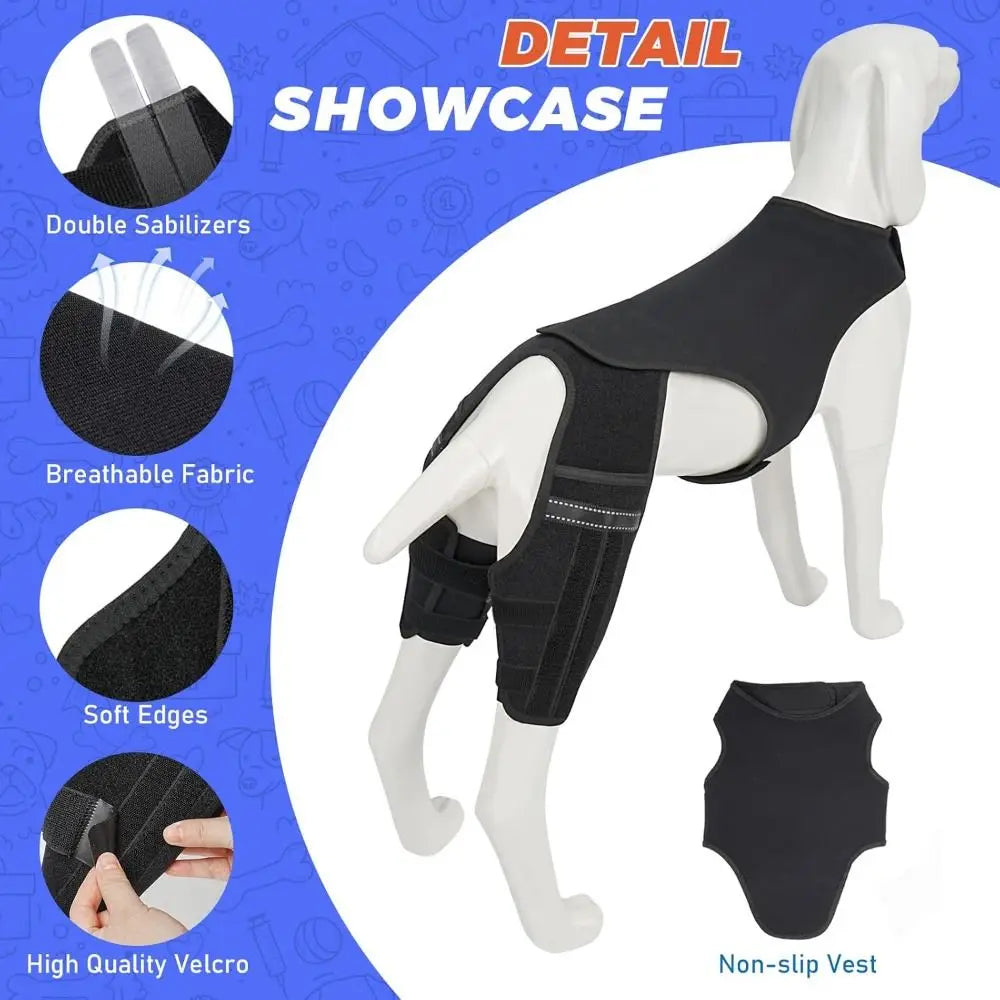 Black non-slip vest dog knee brace showcasing details like double stabilizers and breathable fabric