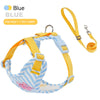 Blue striped color block dog harness and leash set with yellow strap