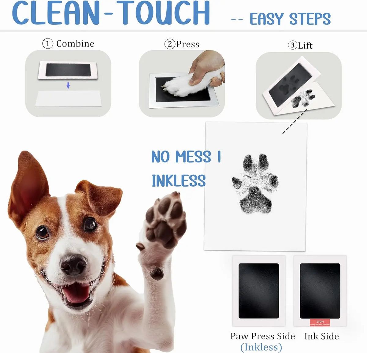 Un chien regarde un kit d'empreintes de pattes pour montrer les trois étapes de création d'un souvenir sans encre.