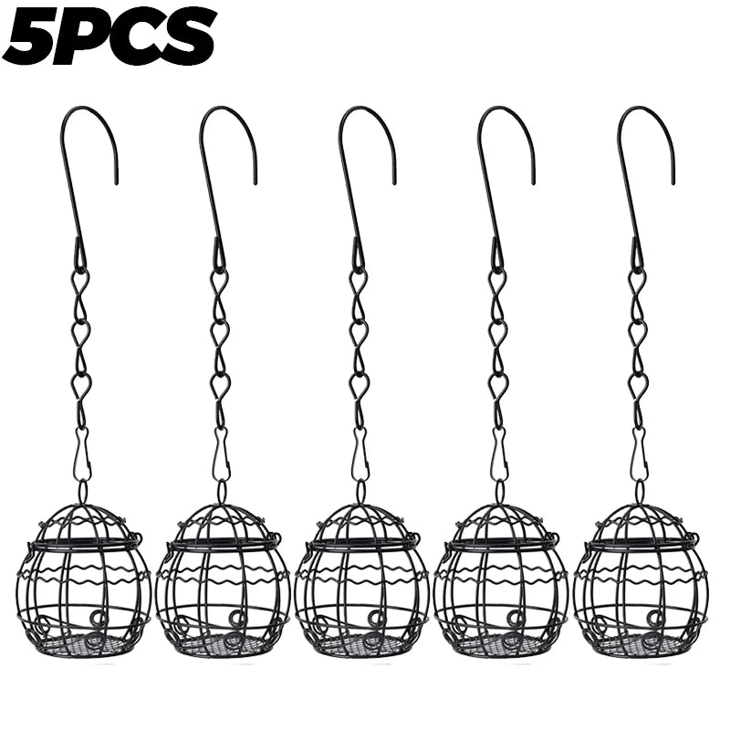 Five decorative hanging metal bird feeders with wire cages for garden and patio