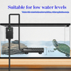 A black submersible heater is shown in a glass aquarium setup, demonstrating its use for low water levels.