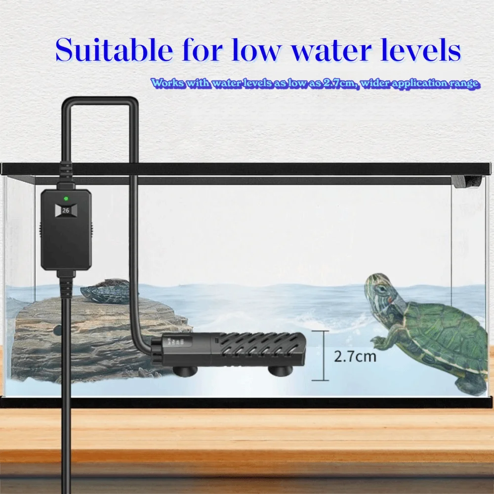 A black submersible heater is shown in a glass aquarium setup, demonstrating its use for low water levels.