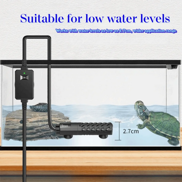 A black submersible heater is shown in a glass aquarium setup, demonstrating its use for low water levels.