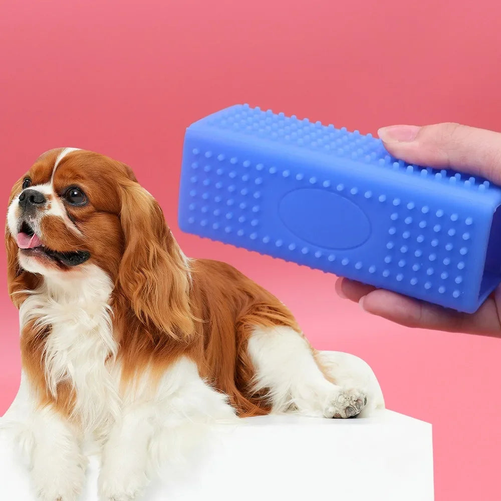 Ein braun-weißes Hund sitzt neben einer blauen Silikonbürste zum Entfernen von Tierhaaren, die von einer Hand gehalten wird.