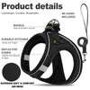 Harnais pour animaux noir réglable avec boucle, coutures durables, bandes réfléchissantes et maillage à air pour le confort.