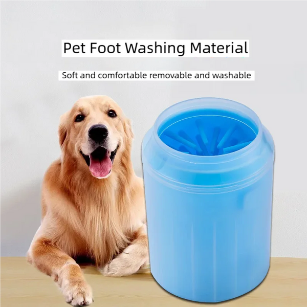 A blue silicone pet foot washing material container with bristles shown next to a golden retriever.