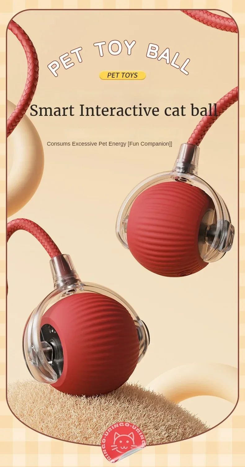 A red textured ball pet toy is shown with a cord, resting on a beige surface.