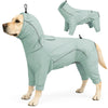 A light blue dog raincoat is shown on a dog, featuring a hood and waterproof material.