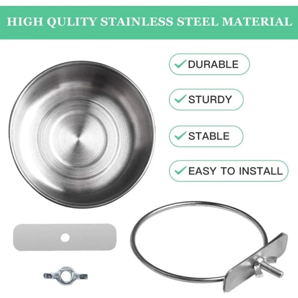 A stainless steel clamp-on pet feeding bowl for bird cages shown with its components.