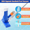 A blue and white handheld pool vacuum cleaner set with an upgraded pole and hose attachment for cleaning water.