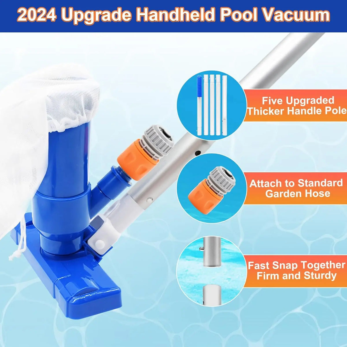 A blue and white handheld pool vacuum cleaner set with an upgraded pole and hose attachment for cleaning water.